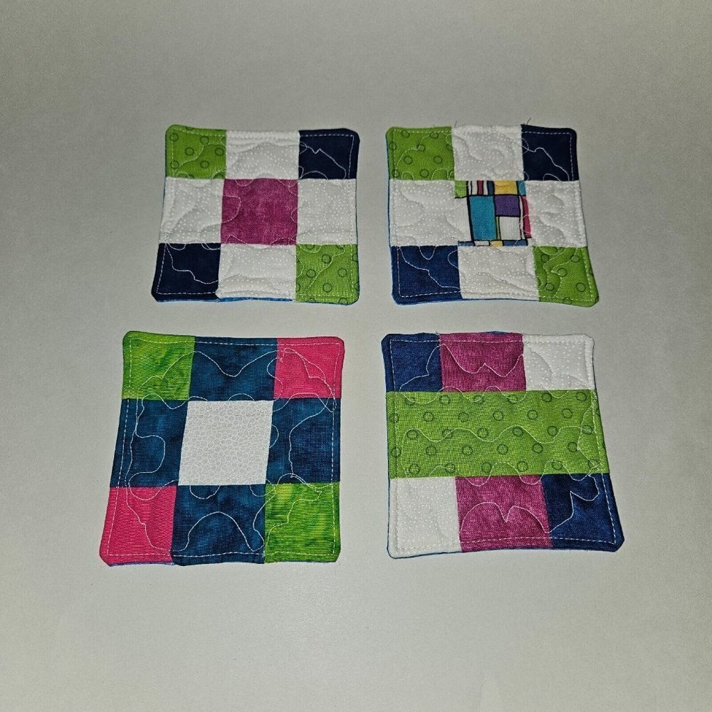 4 Fabric Coasters Decor Sewn Handmade Blue Green White Purple NEVER USED